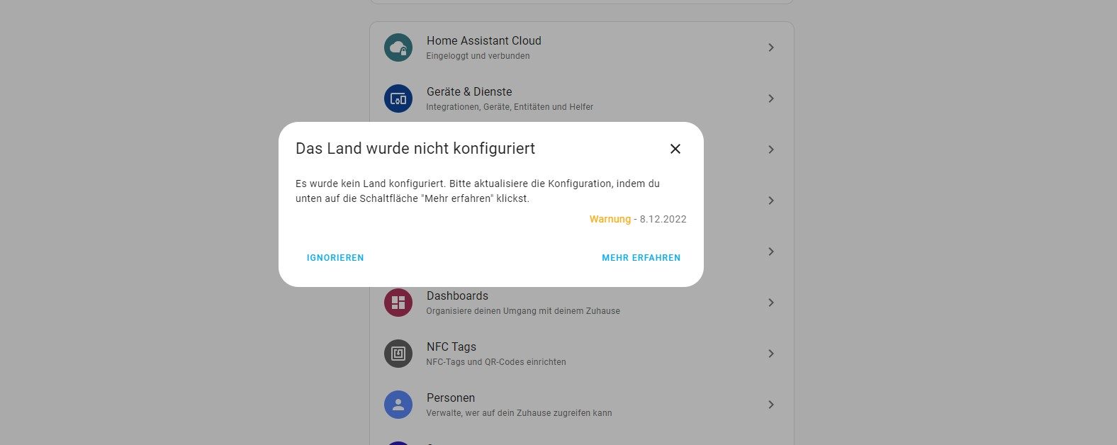 Home Assistant Fehlermeldung