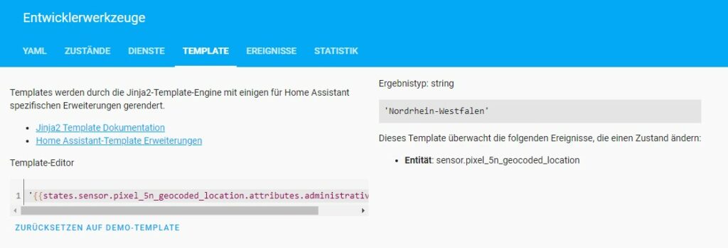 Entwicklerwerkzeuge Template Demo in Home Assistant