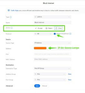 UniFi: Internet-Zugriff für Geräte blockieren.