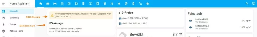Aktuelle NINA-Warnung oberhalb von Informationen über unsere PV-Anlage