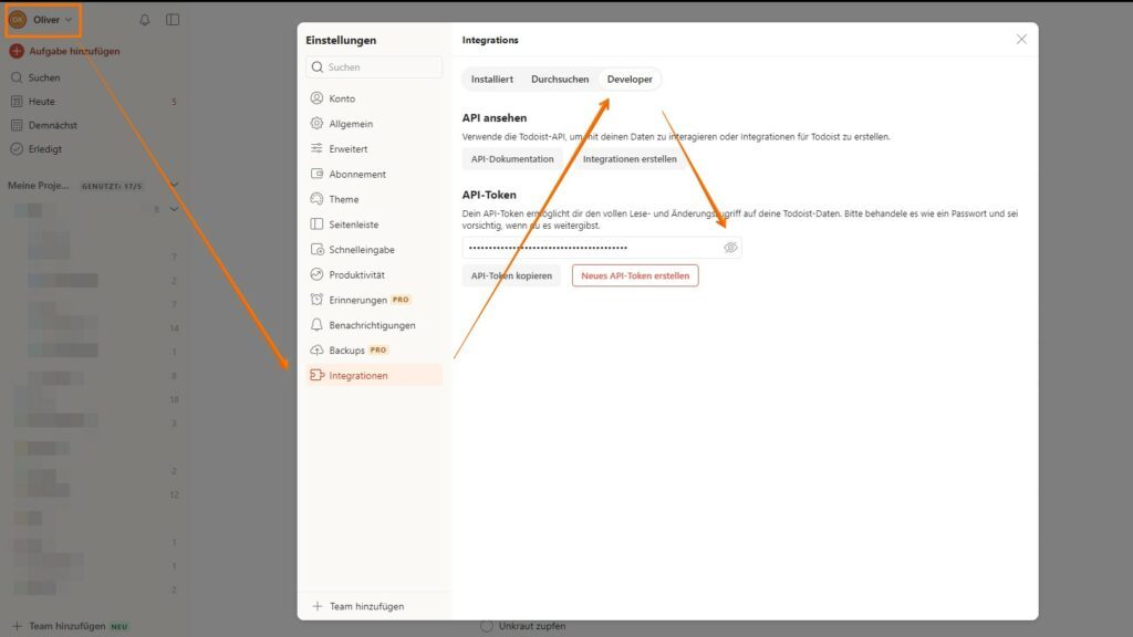 todoist API-Token aufrufen