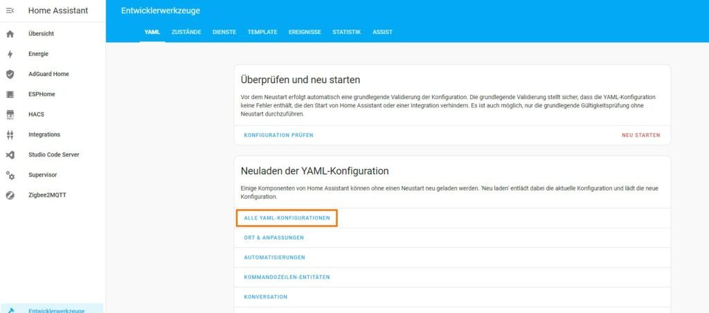 YAML-Konfigurationen neuladen in Home Assistant