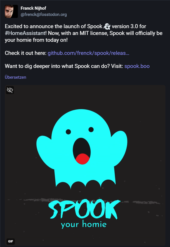 Frenck's Hinweis auf Version 3.0 von Spook auf Mastodon