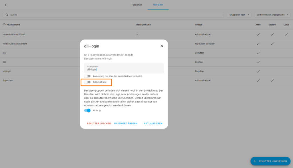 Personen und Benutzer in Home Assistant erklärt Zusätzlicher Benutzer ohne Administrator-Reche