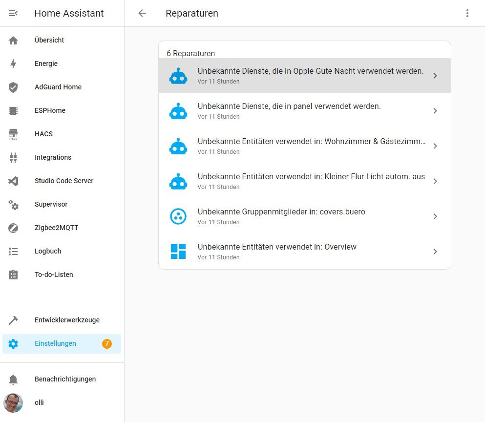 Spook in Home Assistant als Alternative zu Watchman Notwendige Reparaturen gemäß der Spook-Integration