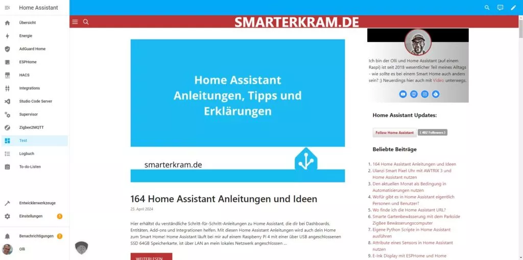 Webseiten-Dashboard in Home Assistant
