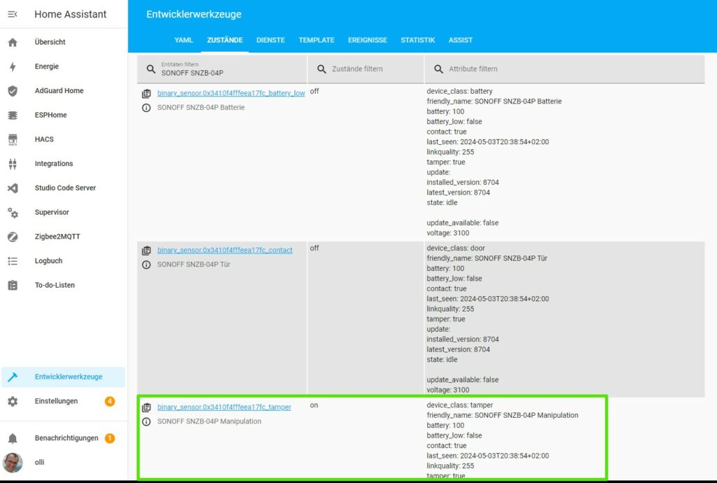Manipulations-Sensor des SNZB-04P in Home Assistant mit Zigbee2MQTT