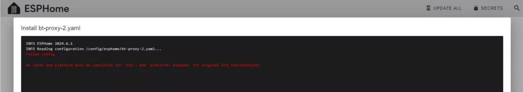 ESPHome-Fehlermeldung: At least one platform must be specified for ‘ota’