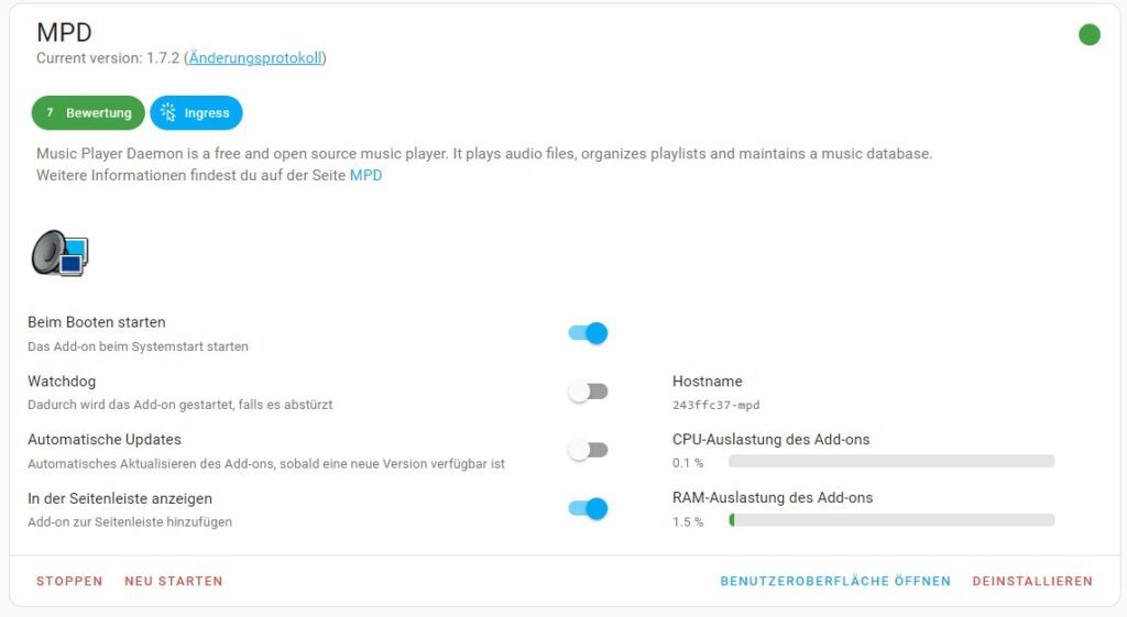 Sound-Ausgabe über die 3,5mm-Klinkenbuchse des Raspberry Pi mit Home Assistant MPD Add-on zur Wiedergabe von Sound über die Klinkenbuchse des Raspberry Pi