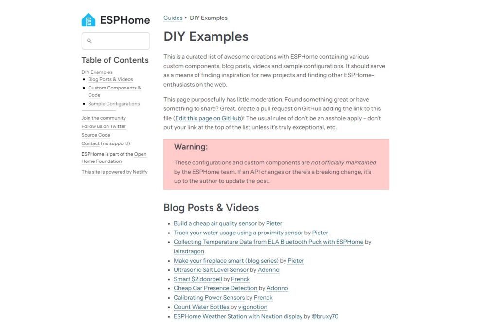Nützliche Links zu Home Assistant Auflistung zahlreicher ESPHome-Projekte samt Anleitungen und Teilelisten für den eigenen Nachbau.