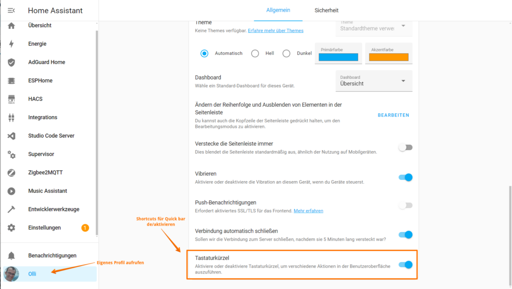 Shortcuts/Tastaturkürzel für die Quick bar in Home Assistant de/aktivieren.