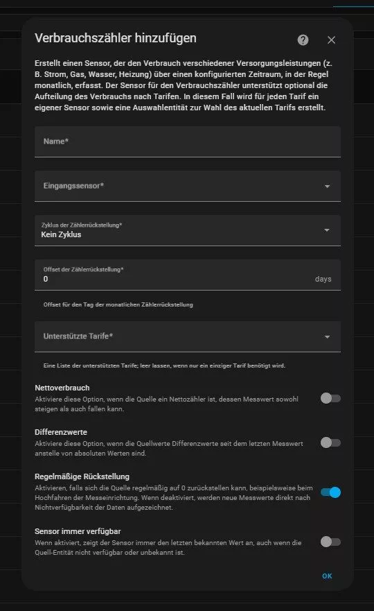 Anlage eines Verbrauchszählers (Utiliy Meter) in Home Assistant