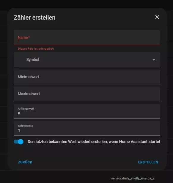 Einstellungen für einen Zähler-Helfer in Home Assistant vornehmen
