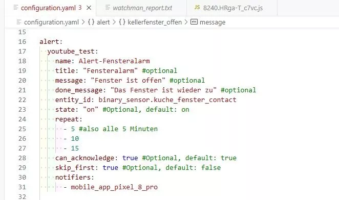 YAML-Code für einen Alert in der configuration.yaml von Home Assistant