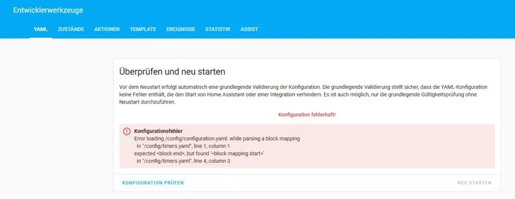 Warnmeldung bei fehlerhaftem YAML-Code