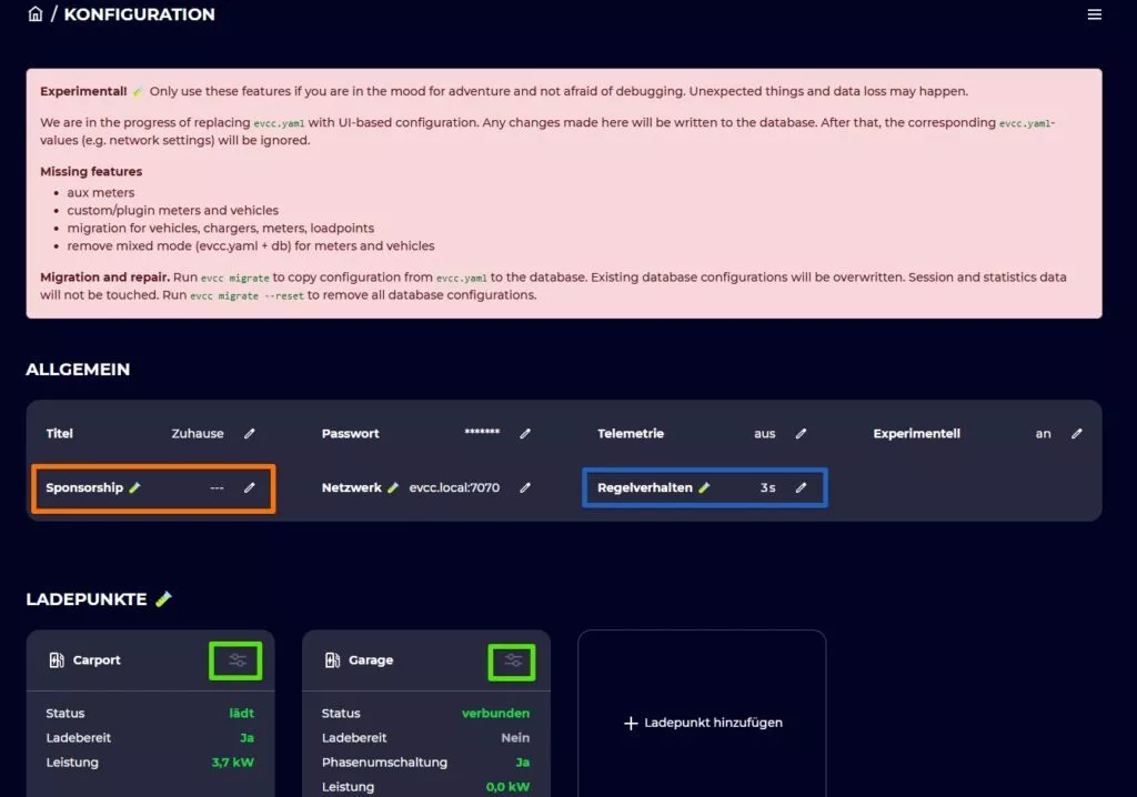 Experimentelle Konfiguration von EVCC