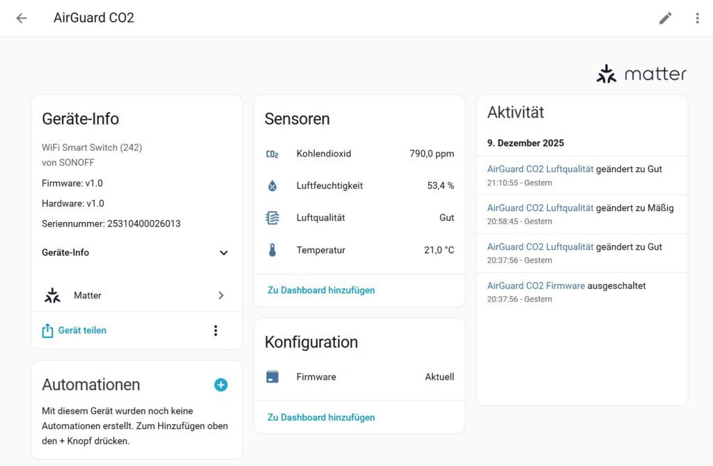 SONOFF AirGuard CO2 in Home Assistant