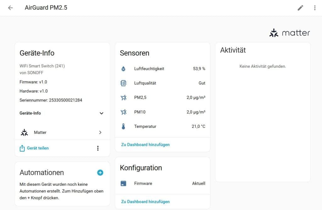 SONOFF AirGuard PM 2.5 in Home Assistant