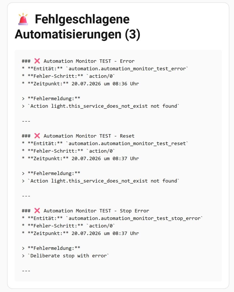 Automation Monitor: Warum kaputte Automationen in Home Assistant so lange unbemerkt bleiben Darstellung fehlerhafter Automationen in einer Markdown-Karte mit Code von ArnaudFeld (vielen Dank ;))