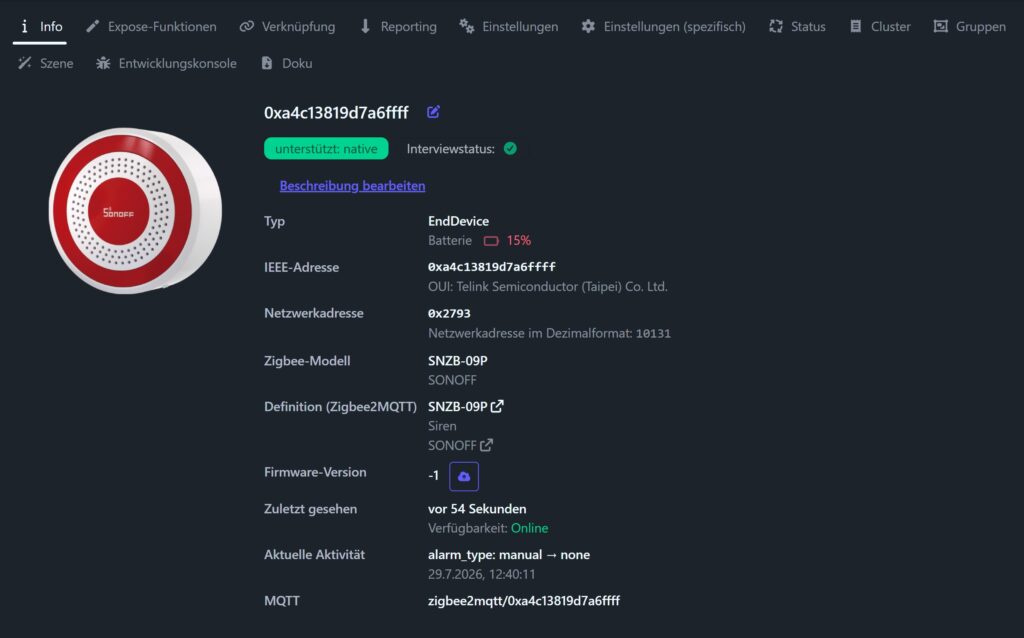 Zigbee Sirene mit Batterie SONOFF Zigbee Sirene in Zigbee2MQTT