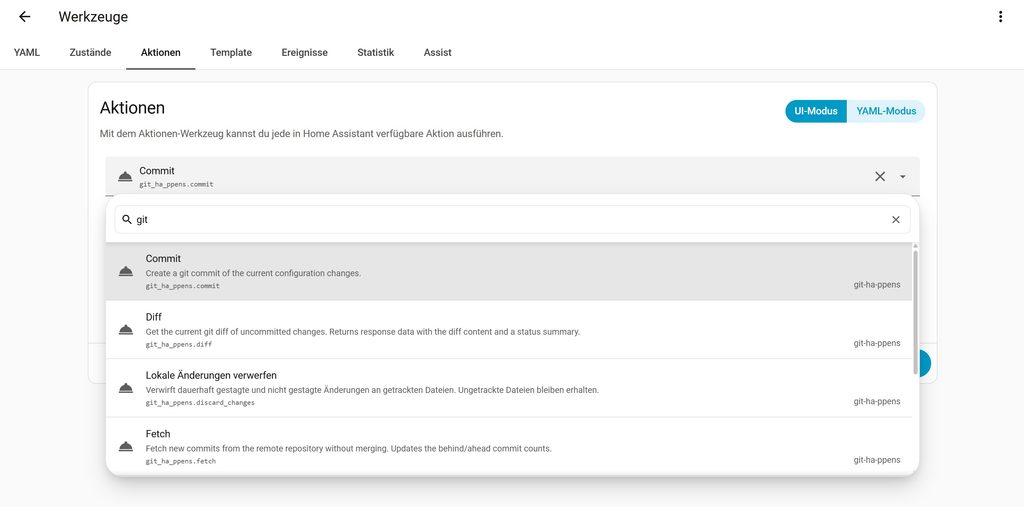 git-ha-ppens: Home Assistant Config mit Git versionieren und sicher zurückrollen Von git-ha-ppens bereitgestellte Aktionen/Services für manuelle/eigene Aktionen