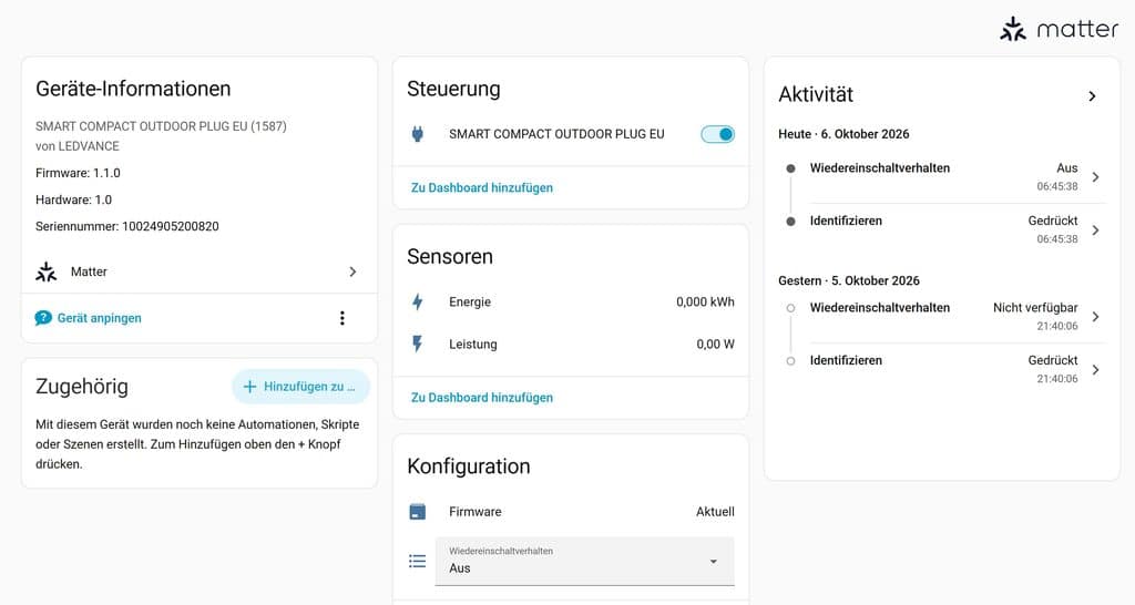 Der LEDVANCE Outdoor Matter Zwischenstecker in Home Assistant