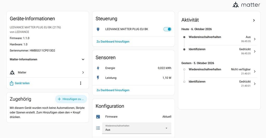 Der LEDVANCE Matter Zwischenstecker in Home Assistant