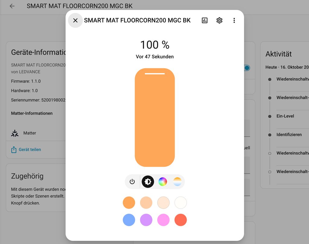 Floor Corner Slim im Alltag Über Matter in Home Assistant lokal eingebunden